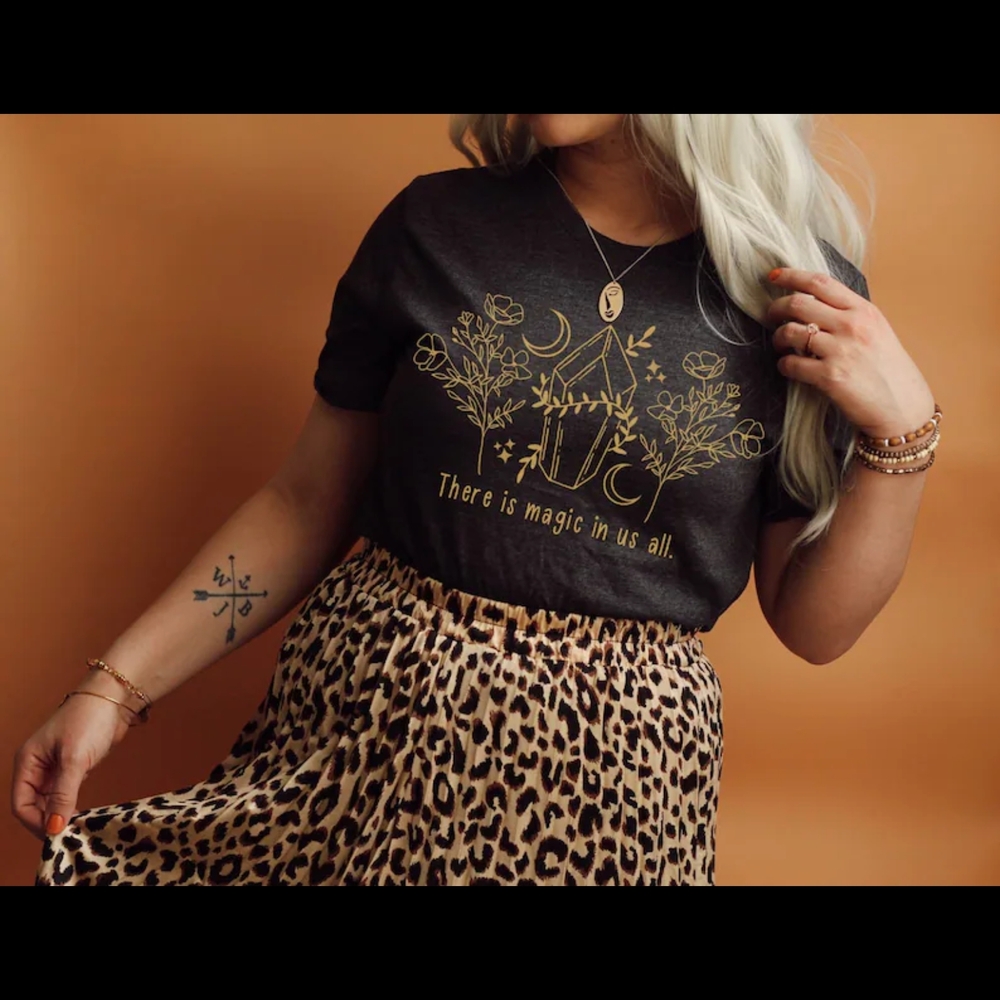 Witchy Dark Heather Gray Graphic Tee with Gold Design